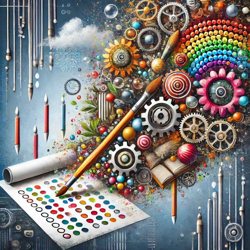 A symbolic depiction of a standardized test bubble sheet transforming into creative tools such as paintbrushes, gears, and books, illustrating the shift from rote memorization to creativity and innovation in education. The background blends industrial and vibrant elements, reflecting a modern educational theme.