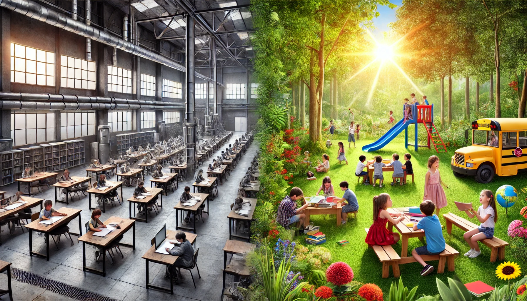 A split image contrasting an industrial, factory-like classroom with rigid rows and gray tones on the left, and a vibrant outdoor learning environment with children exploring nature, using books, and engaging in creative activities on the right. The image highlights the transition from outdated educational systems to innovative, nature-inspired approaches.