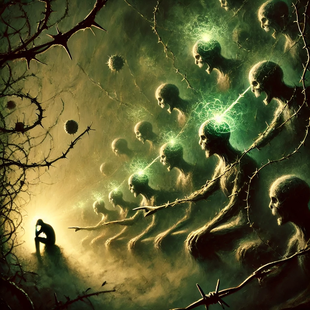 Here’s a symbolic image reflecting the theme of a toxic mindset spreading through humanity.