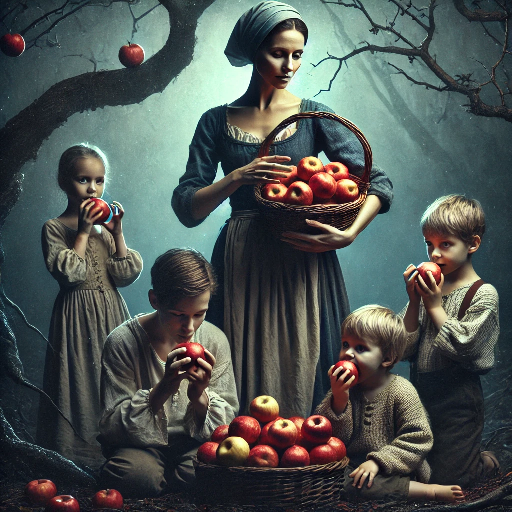 A mother holding a basket of poisonous apples while her children eagerly pick them and eat, set in a dark, mystical forest.