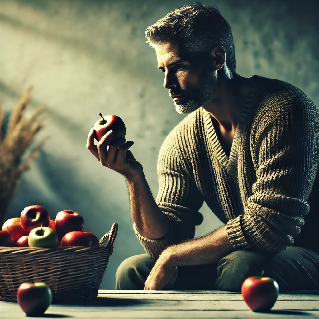 Aman sitting in front of a basket of apples, thoughtfully deciding to throw them away, symbolizing a moment of clarity and renewal.