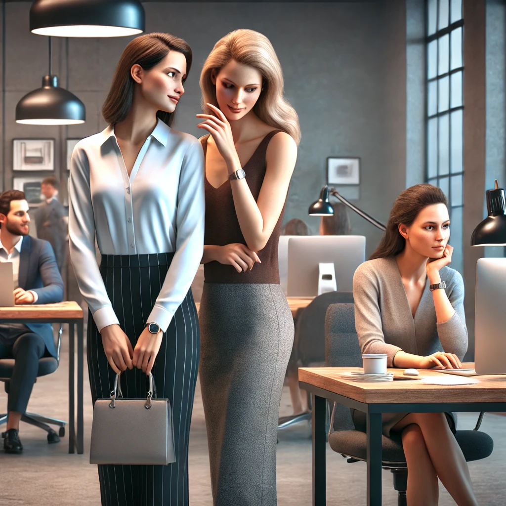 Two woman standing in an office gossiping about another woman. 
