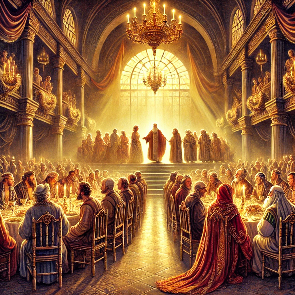Here is the image illustrating the parable of the king’s wedding feast, capturing the contrast between the rejection of the wealthy and the joyful acceptance of the poor and outcasts.