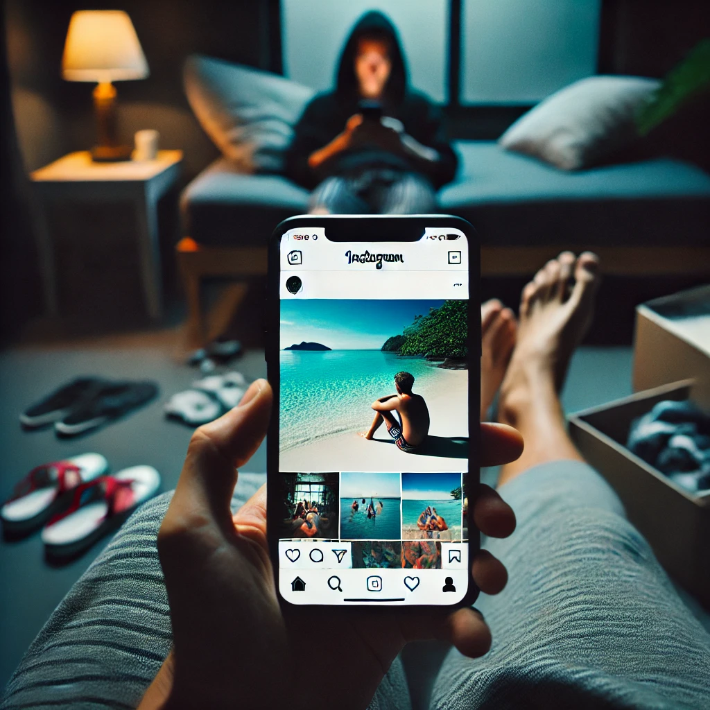Here is the generated image depicting someone scrolling through Instagram, viewing curated vacation photos and a flawless family while sitting in a contrasting, messy environment.