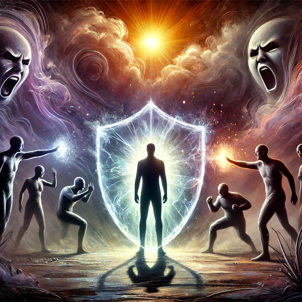 Here is the revised image depicting a confident person deflecting dark projections of anger, fear, and insecurity with a glowing shield of resilience. 
