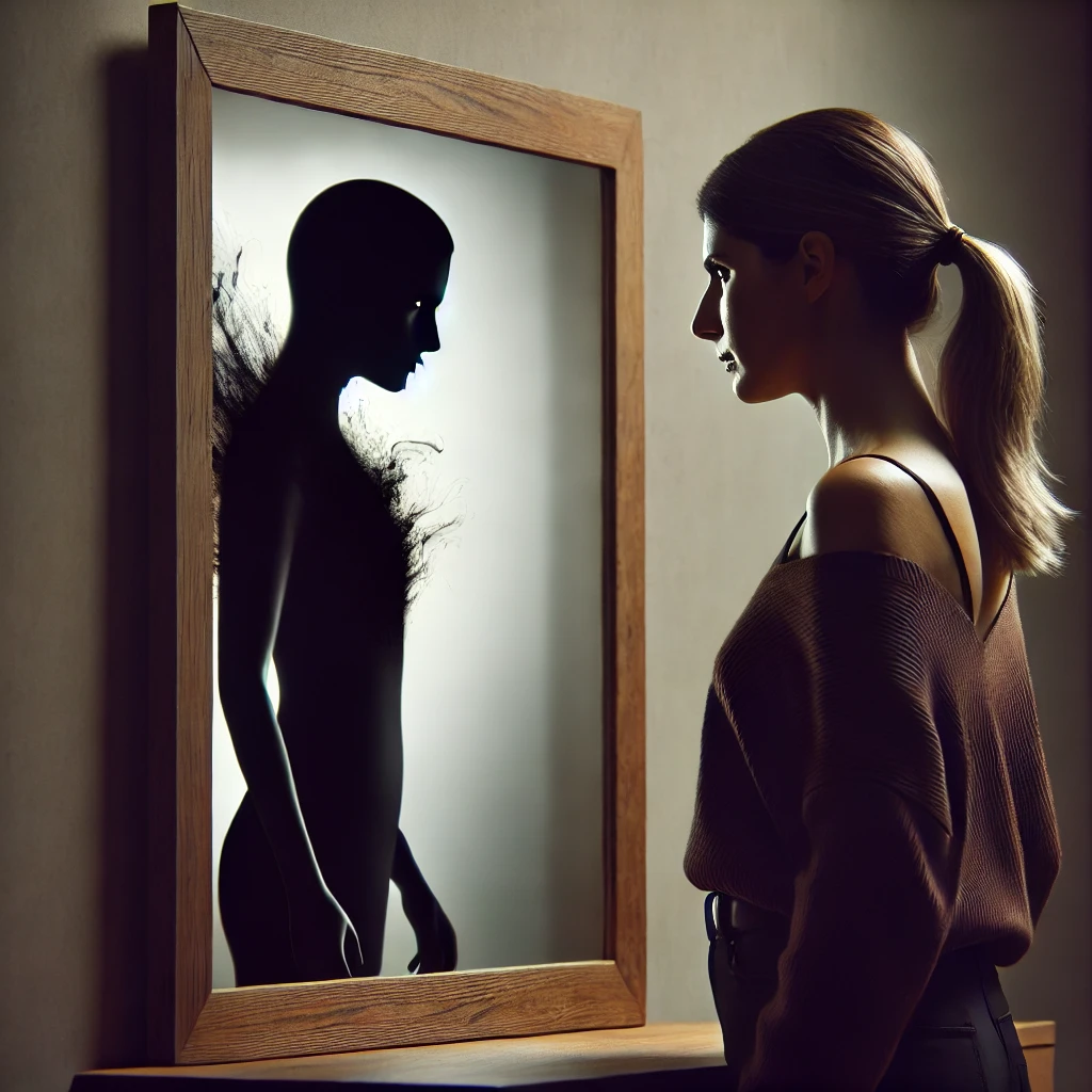 Here is the image of a woman looking into a mirror and confronting the inner struggles symbolized by a shadowy reflection.