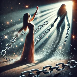 Here is the revised image depicting a woman breaking free from glowing chains and confronting the enemy within.