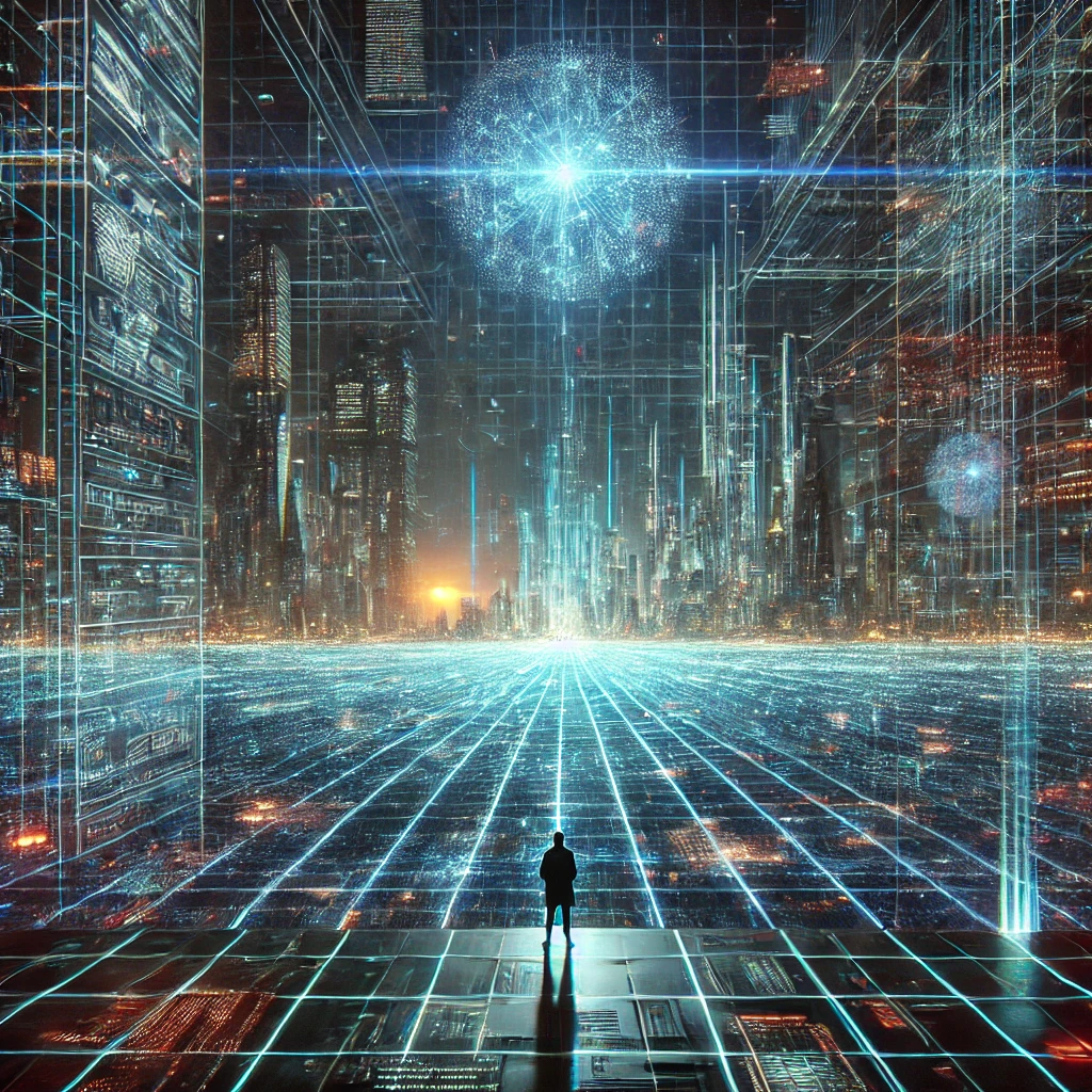 A futuristic digital metropolis with glowing neon grids, holographic structures, and pixelated distortions, hinting at an advanced civilization's simulated reality.