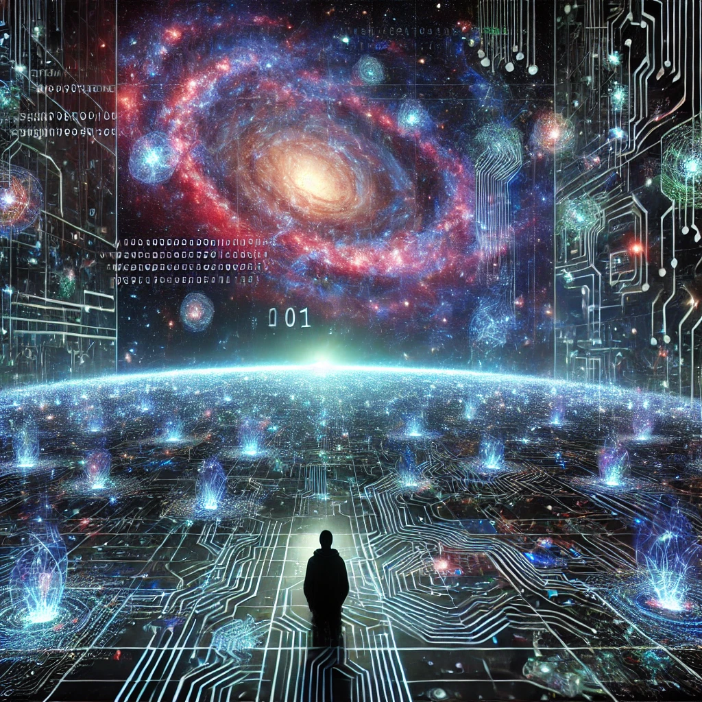 The image depicts the universe operating like a digital construct.