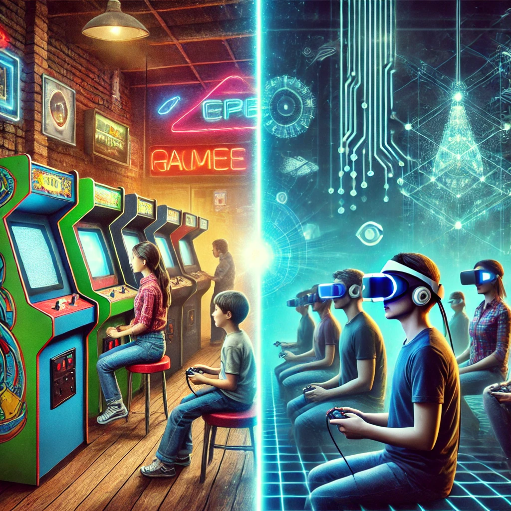 The split-screen image shows the evolution from pixelated arcade gaming to immersive virtual reality.