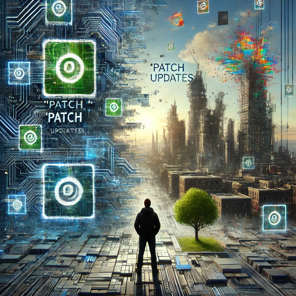 A digital simulation receiving "patch updates," where reality is overwritten but lingering traces remain.