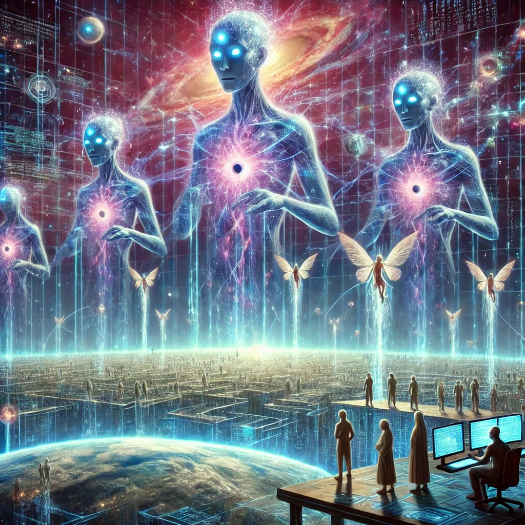 Here is the image depicting mysterious beings running the simulation, watching humanity as part of an elaborate experiment or entertainment.
