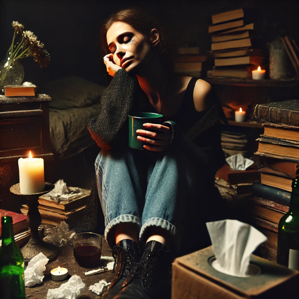 Here is the image of a woman who seems to embrace and thrive in her misery, surrounded by a melancholic yet oddly comforting atmosphere.
