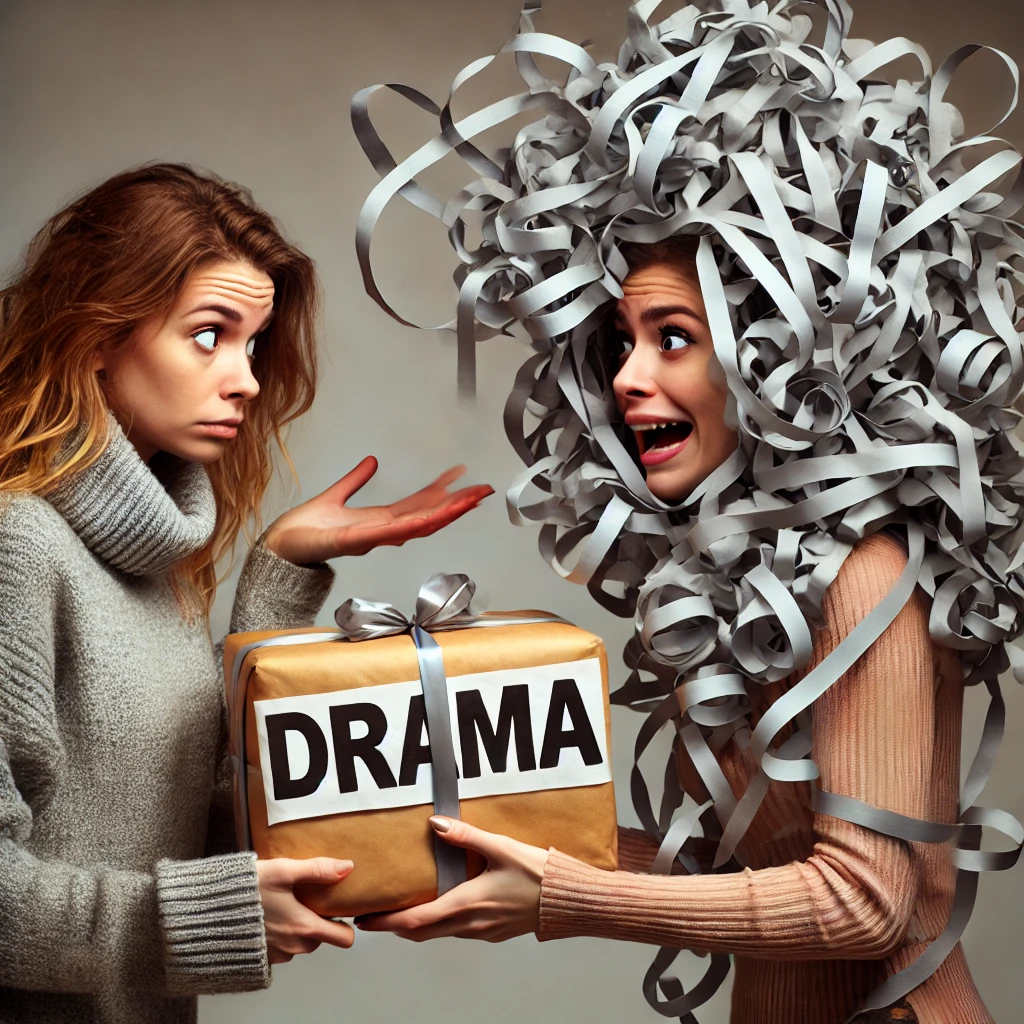 An image depicting a woman handing her friend a box of drama.