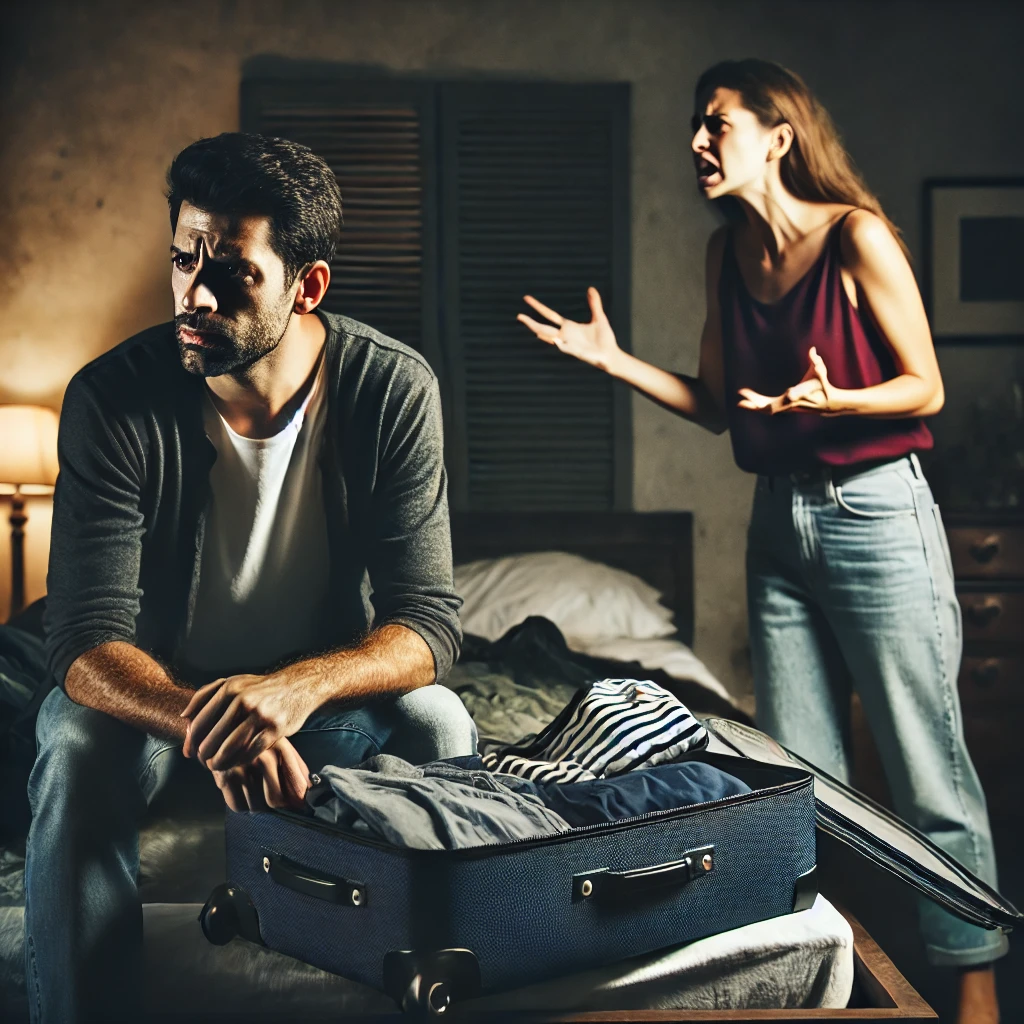 Here is the image of a couple in a heated argument, with the man packing his bags, ready to leave.
