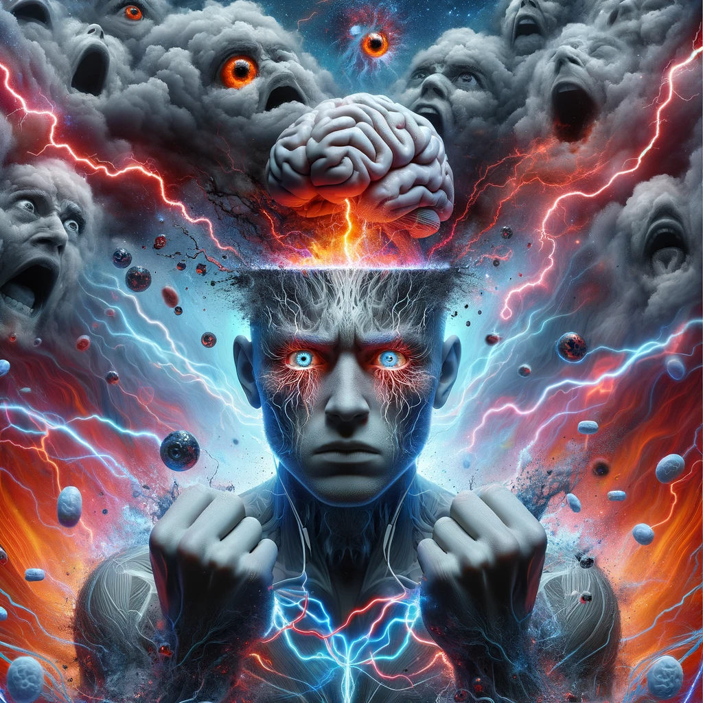 Here is the image depicting a person addicted to negativity, with their brain wired to dopamine surges from drama, stress, and anger.