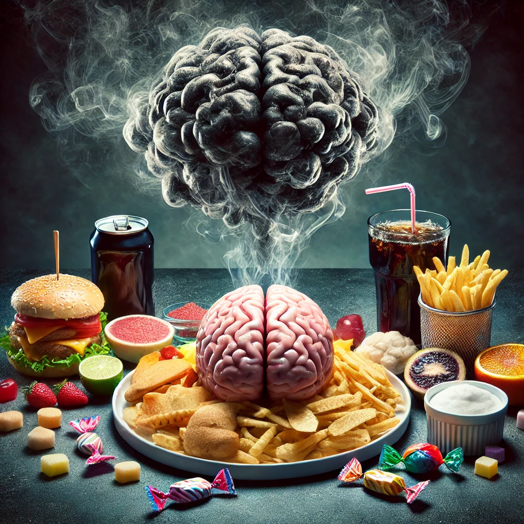 Here is the image symbolizing how unhealthy food affects brain health, with a surreal depiction of a brain surrounded by processed foods and ominous energy.