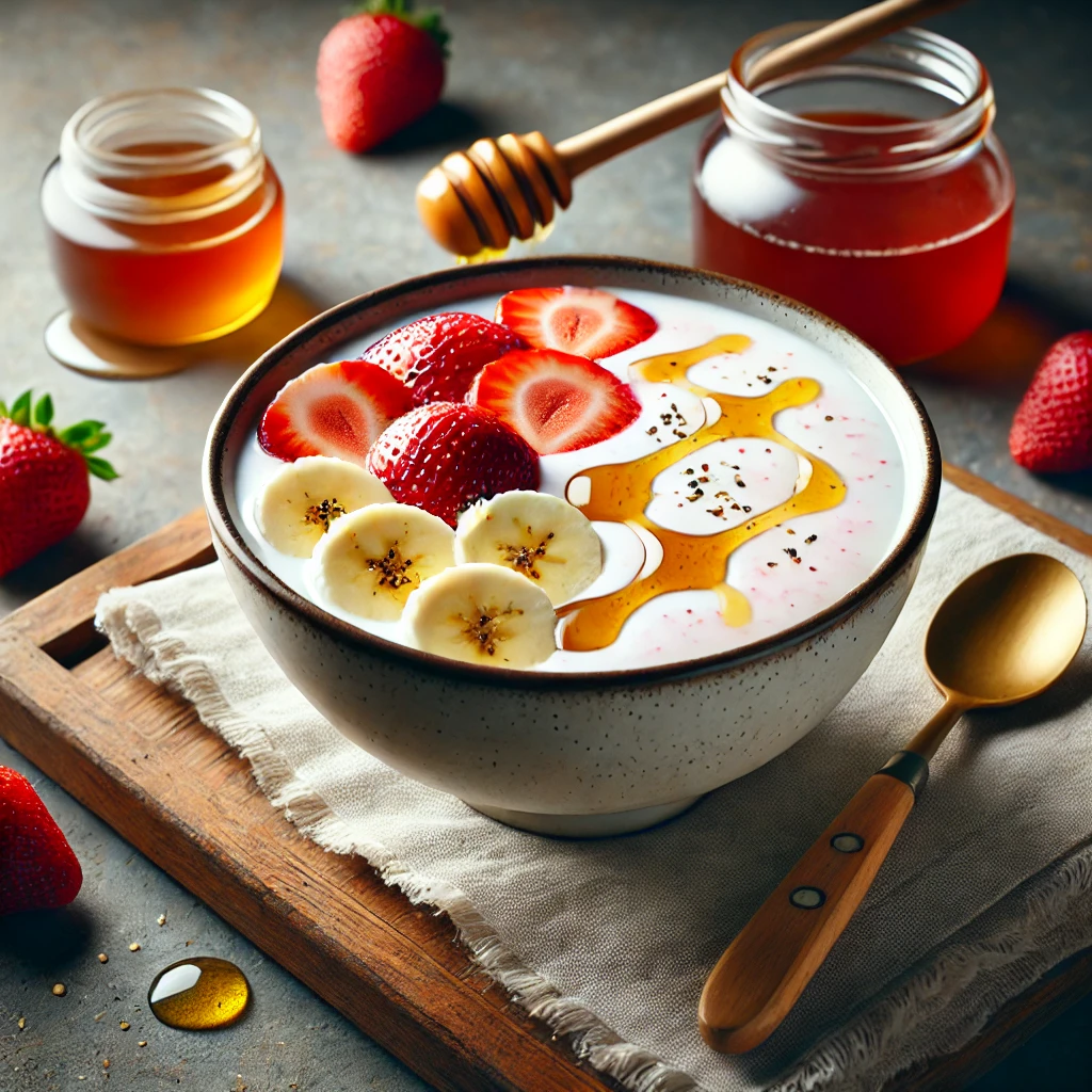 A bowl of freshly made kefir smoothie with strawberries, bananas, and honey drizzled on top, placed on a wooden table.