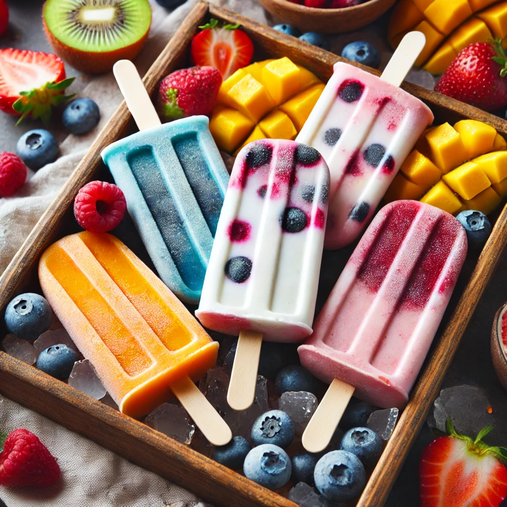 Homemade kefir ice pops in a small wooden tray, featuring blueberry, mango, and strawberry flavors, slightly melting with fresh fruit pieces around.