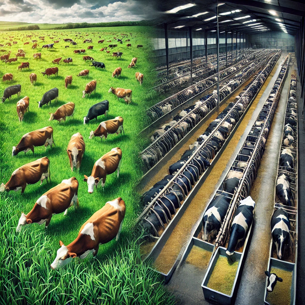 Here is the contrasting depiction of natural grazing versus industrialized feeding.