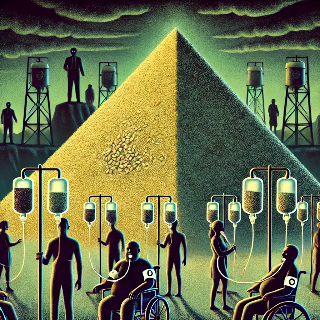 An image of a pyramid of grains and sick people standing around waiting for there next dose.