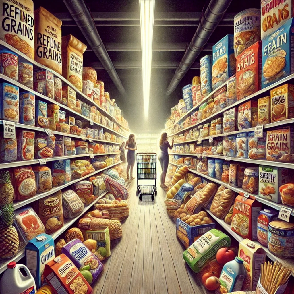 A grocery store aisle packed with shelves of refined grain-based foods, including bread, cereals, snacks, and pasta. Shoppers mindlessly fill their carts, unaware of the health consequences. In the background, a small neglected section of fresh produce contrasts the overwhelming dominance of packaged grain products.