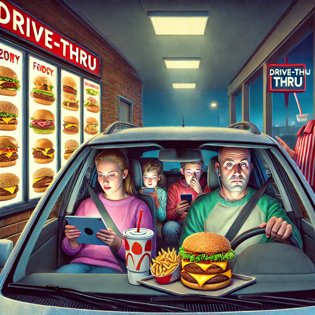 A satirical illustration of a family driving through a fast-food burger restaurant. The tired-looking parents sit in the front seats, while the kids in the back stare at tablets or phones. A large fast-food meal with greasy burgers and oversized sodas is being handed through the window. The glowing drive-thru sign emphasizes the fast-food culture dominating busy families, creating a dull and uninspiring atmosphere.