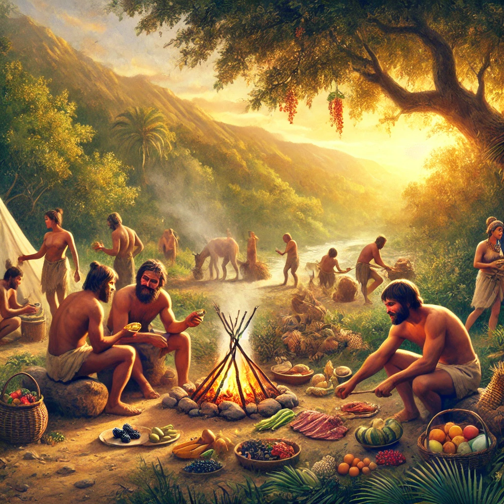 A naturalistic depiction of early humans in a peaceful outdoor setting, preparing and sharing food. Some are roasting meat over an open fire, while others gather fresh berries and vegetables. The environment is lush and inviting, with warm, golden light emphasizing harmony with nature. The individuals appear strong and healthy, reflecting the benefits of a balanced ancestral diet.