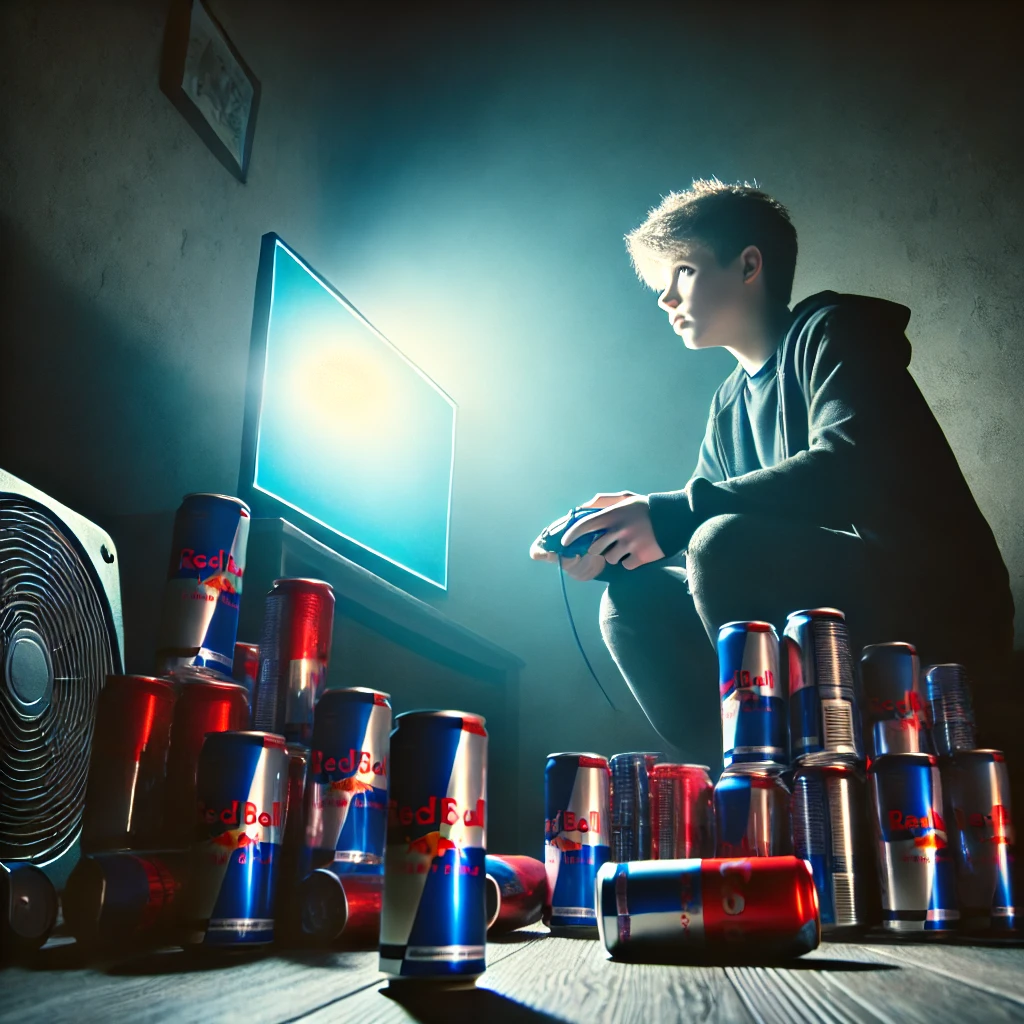 A teenager playing video games, surrounded by empty energy drink cans.