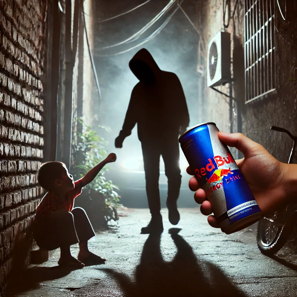 A shadowy figure handing an energy drink to a child, symbolizes early addiction.