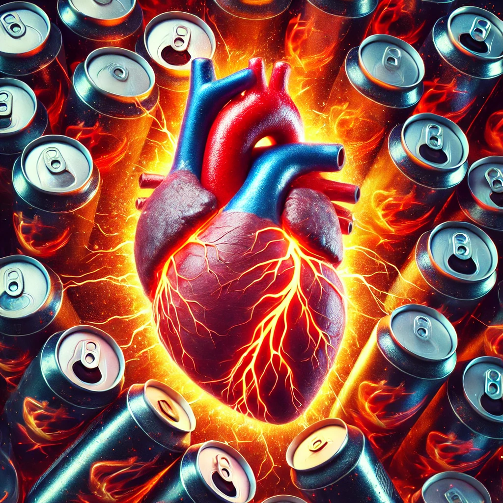 A human heart surrounded by energy drink cans, looking like it’s struggling.