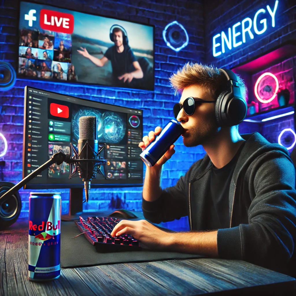 A popular YouTube influencer sitting at a gaming setup, sipping a Red Bull can while engaging with viewers. The neon-lit streaming background highlights the influence of energy drink marketing in online culture.