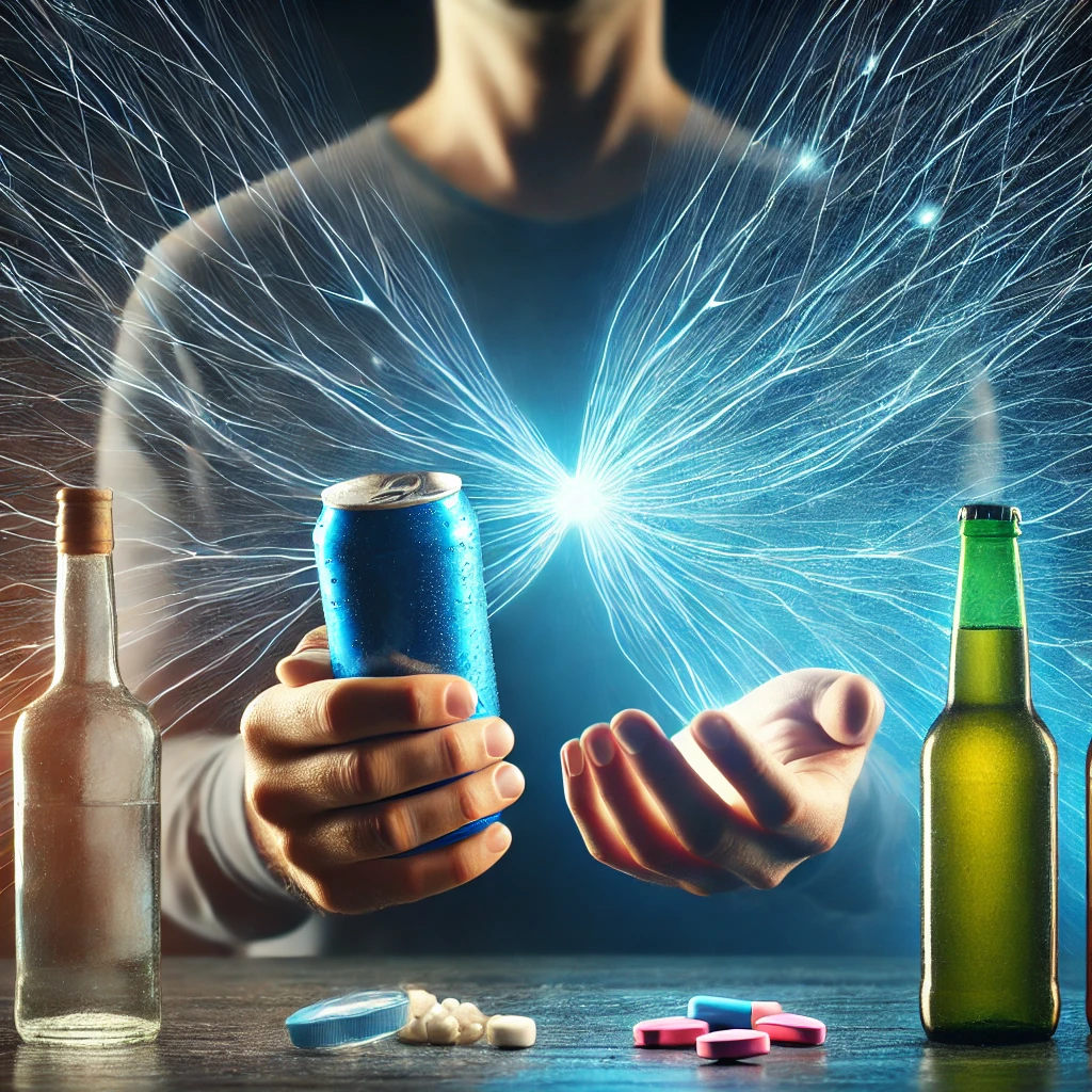 A symbolic image of a person holding an energy drink in one hand and alcohol bottles and pills in the other. Neural pathways connect the energy drink to stronger substances, illustrating the link between energy drink consumption and future substance abuse.