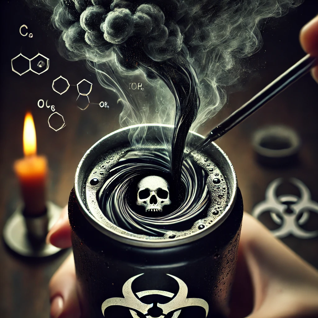 A close-up of an energy drink can being opened, revealing a swirling dark liquid with a toxic glow. Faint skull symbols and chemical fumes rise from the can, emphasizing its hidden dangers and harmful effects.