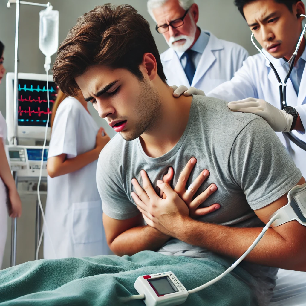 A young adult lying in a hospital bed, clutching their chest in pain while experiencing a heart attack. Doctors and nurses rush to assist, with medical monitors displaying abnormal heart activity, highlighting the dangers of excessive energy drink consumption.