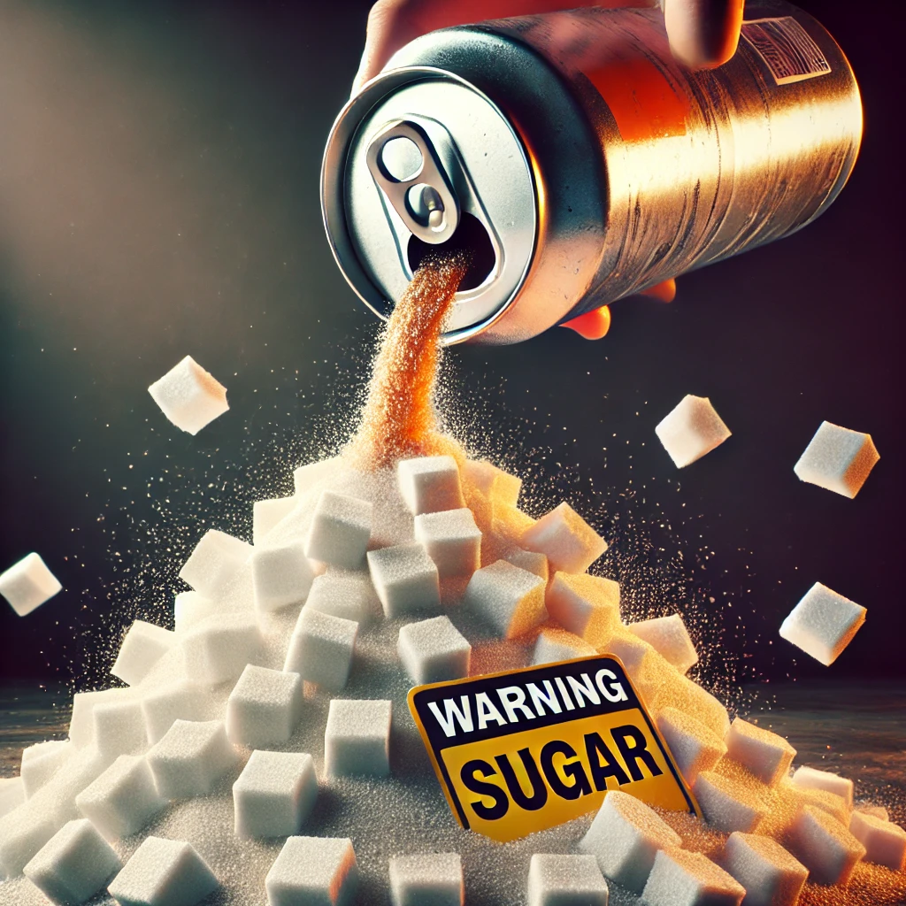 A close-up of an energy drink can pouring out a massive pile of sugar cubes instead of liquid. The dark background highlights the excessive sugar content, with a subtle warning label on the can emphasizing its unhealthy nature.