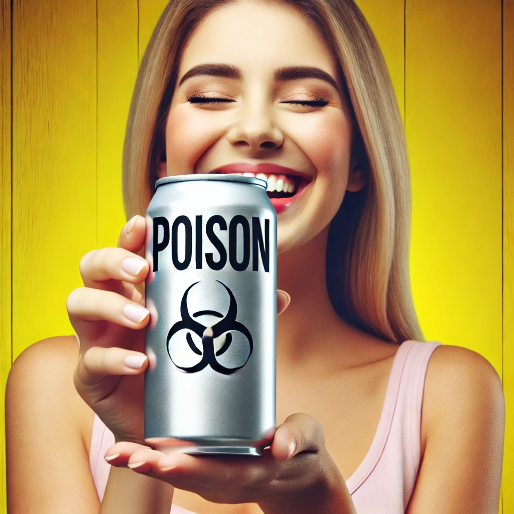 A cheerful woman happily drinking from a sleek aluminum can, unaware that the label subtly reads 'Poison' in small text. The bright and inviting background contrasts with the hidden danger within the drink, symbolizing deceptive marketing and concealed health risks.