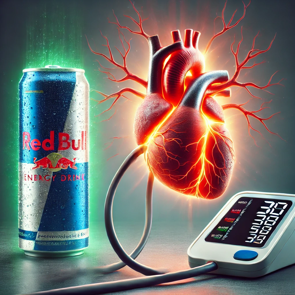 A symbolic representation of the effects of energy drinks on the heart. A single energy drink can is connected to a glowing, overstressed human heart with visible pulsing veins. A nearby blood pressure monitor shows dangerously high readings, illustrating the risk of increased blood pressure and irregular heartbeat.