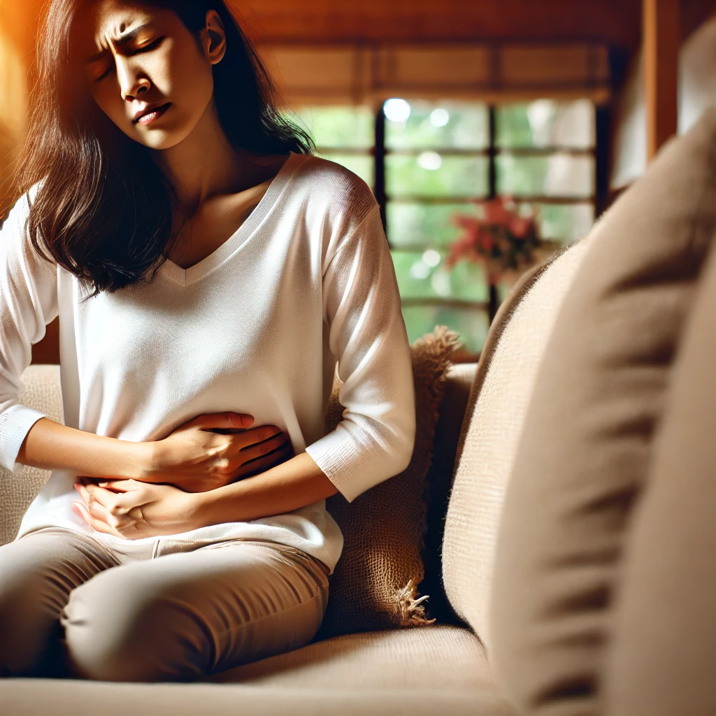 A woman sitting on a couch in her home, holding her stomach with a pained expression, signifying that she is not feeling well. The warm and natural atmosphere with soft lighting illustrates a moment of discomfort and fatigue.
