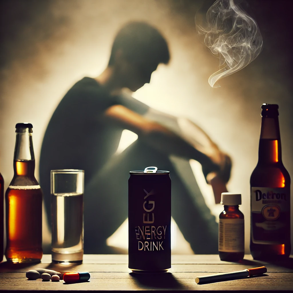 A symbolic image of a teenager sitting alone, holding an energy drink can, with blurred silhouettes of alcohol bottles, cigarettes, and pills appearing in the background. The moody and dark atmosphere represents the connection between energy drink consumption and the risk of experimenting with harmful substances.