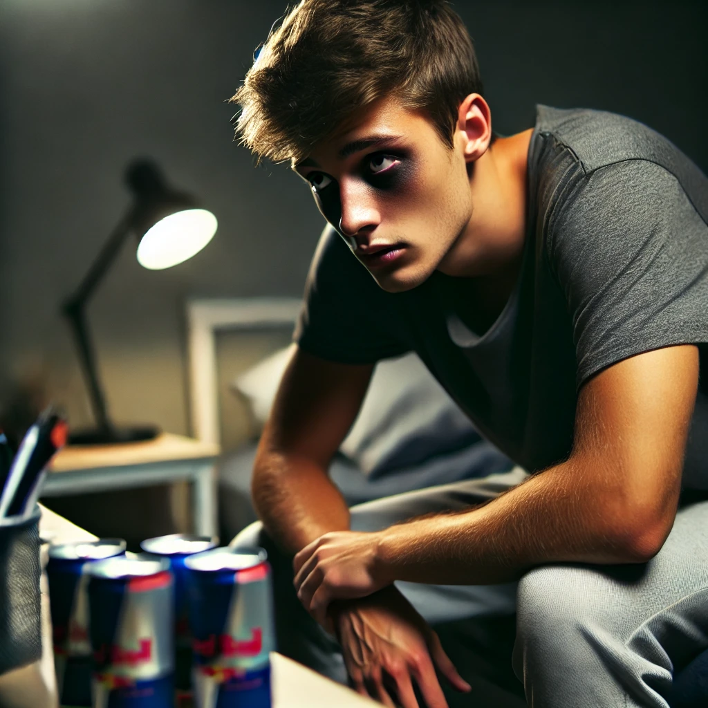 A young man sitting on the edge of his bed, looking exhausted with dark circles under his eyes. His posture is slouched, and he appears mentally and physically drained. The dimly lit room, with a cluttered desk and energy drink cans, symbolizes sleep deprivation and the effects of overstimulation.