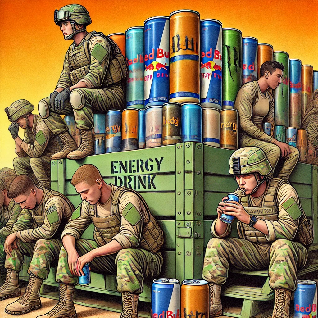 A symbolic image of U.S. soldiers in uniform taking a break, surrounded by energy drink cans. Some soldiers are drinking from the cans while others appear fatigued. In the background, a military supply crate is filled with energy drinks instead of traditional rations, symbolizing the heavy promotion of energy drink consumption among soldiers.