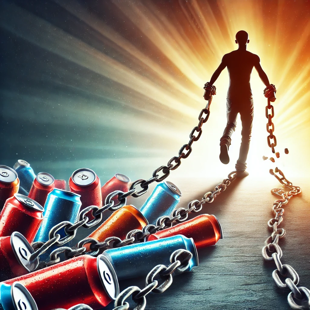 A powerful symbolic image of a person breaking free from chains made of energy drink cans. The individual is tearing off the chains and stepping into a bright, healthy environment, symbolizing freedom from energy drink addiction and a healthier future.