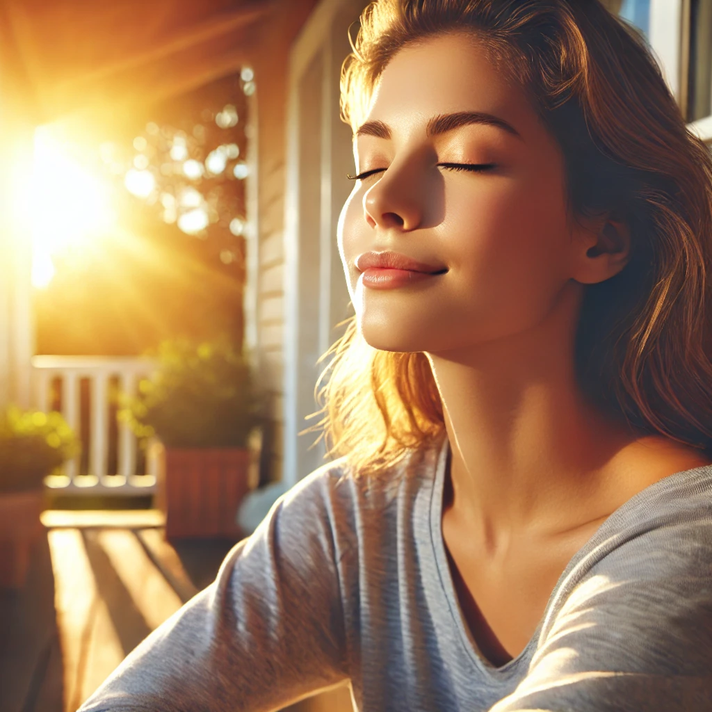 A woman sitting outside on a porch in the early morning, basking in the gentle sunlight. She looks peaceful and refreshed, taking a deep breath as the golden light of sunrise illuminates her face, symbolizing a healthy morning routine and natural energy from sunlight.