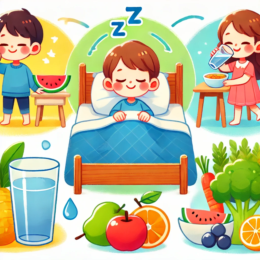 A group of happy children engaging in healthy activities. One child is peacefully sleeping in bed, another is drinking a glass of water, and another is eating fresh fruits and vegetables. The bright and vibrant scene represents natural energy through good sleep, proper hydration, and nutrition.