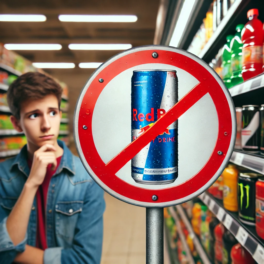 A symbolic image depicting a banned energy drink in a European country. A red warning sign with a crossed-out energy drink can is displayed in front of a grocery store shelf. In the background, a young person looks disappointed while an adult explains the restriction, symbolizing the ban or restriction of energy drinks for minors.