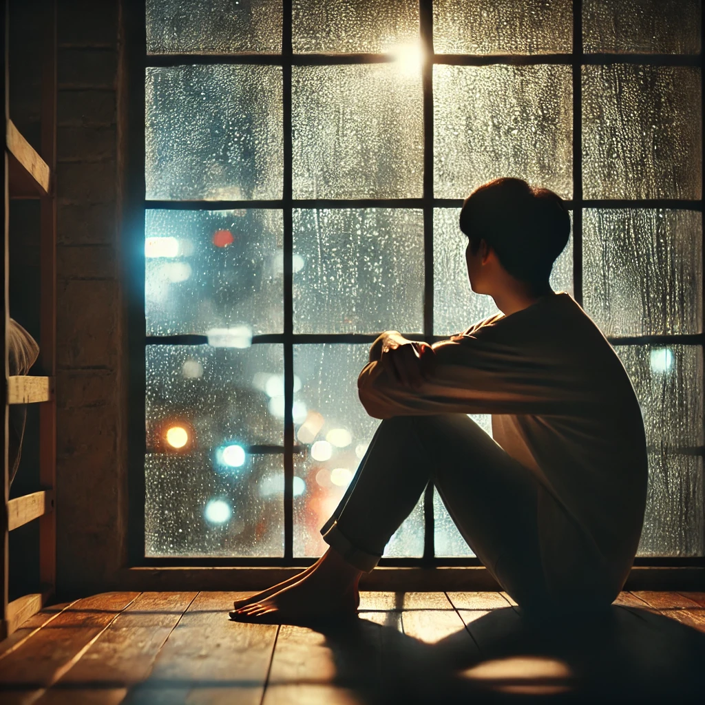 A young man sitting in the window of his house and thinking about the breakup he just went through.