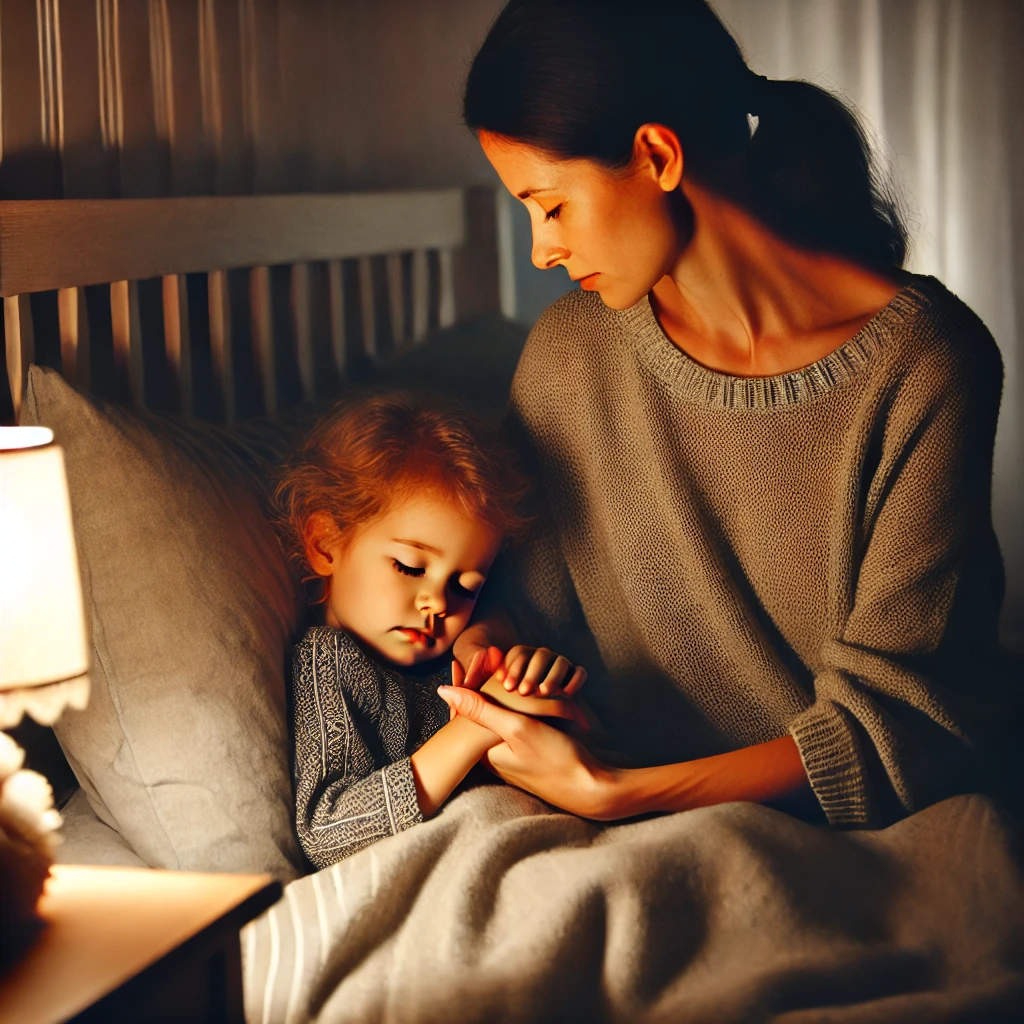A mother holding onto her child at night time and trying to sooth her.