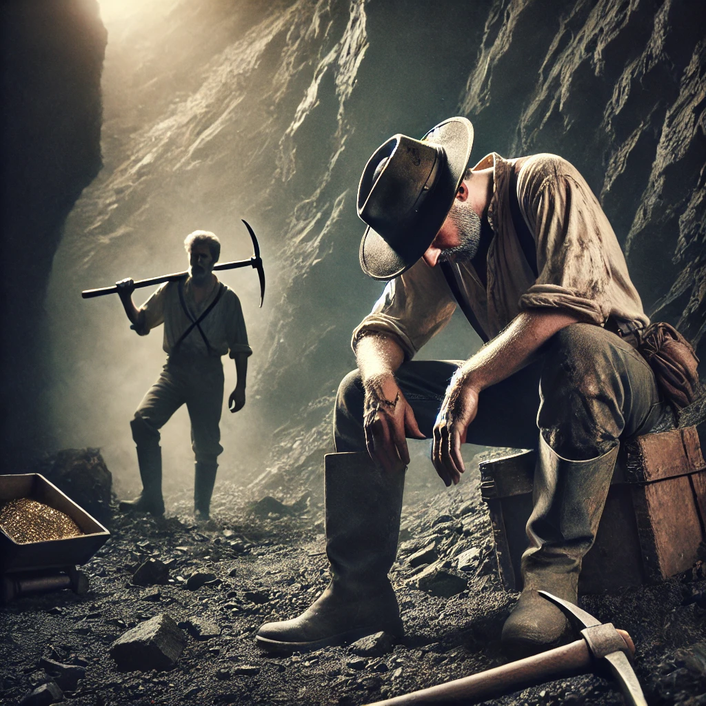 A miner walks away from his mining site, looking defeated and exhausted, his tools abandoned on the ground.
