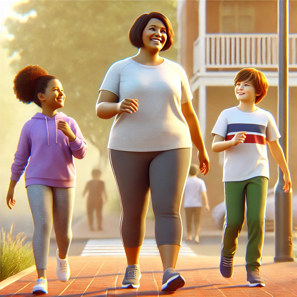 A slightly overweight mother walks with her kids in the neighborhood, wearing comfortable athletic wear with a determined yet happy expression. The children are energetic and joyful, enjoying the fresh air. Sunlight filters through the trees, creating a warm and uplifting scene that symbolizes health, self-care, and family bonding.
